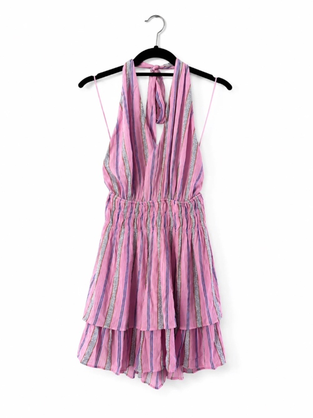 Day + Moon Pink Striped Halter Tiered Mini Dress Open Back – Size Small